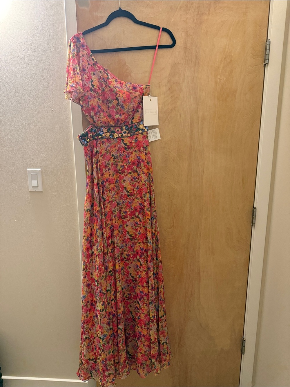 Mac Duggal Floral One-Shoulder Maxi Dress in Pink and Yellow Mix